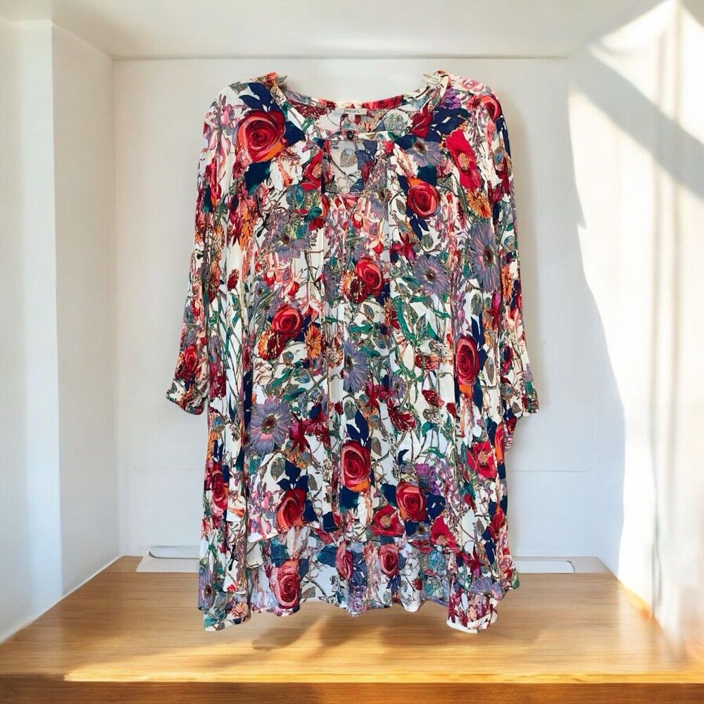 Jodifl Anthropologie S Gauzy Floral Flowy Tunic Top with Keyhole Neckline